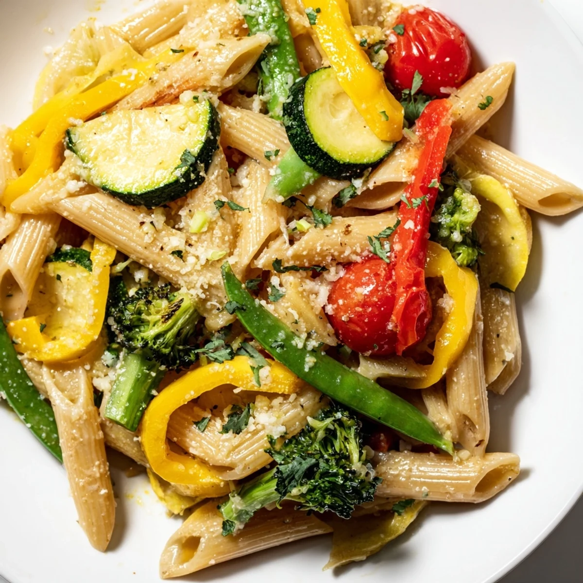 Colorful Pasta Primavera loaded with tender crisp vegetables in a light garlic lemon sauce