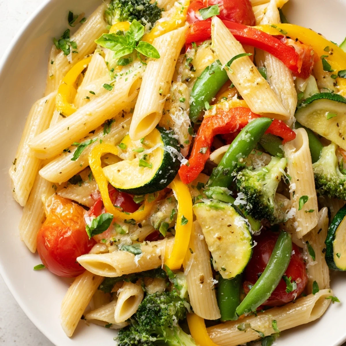 Creamy Pasta Primavera tossed with fresh spring vegetables and sprinkled with Parmesan cheese