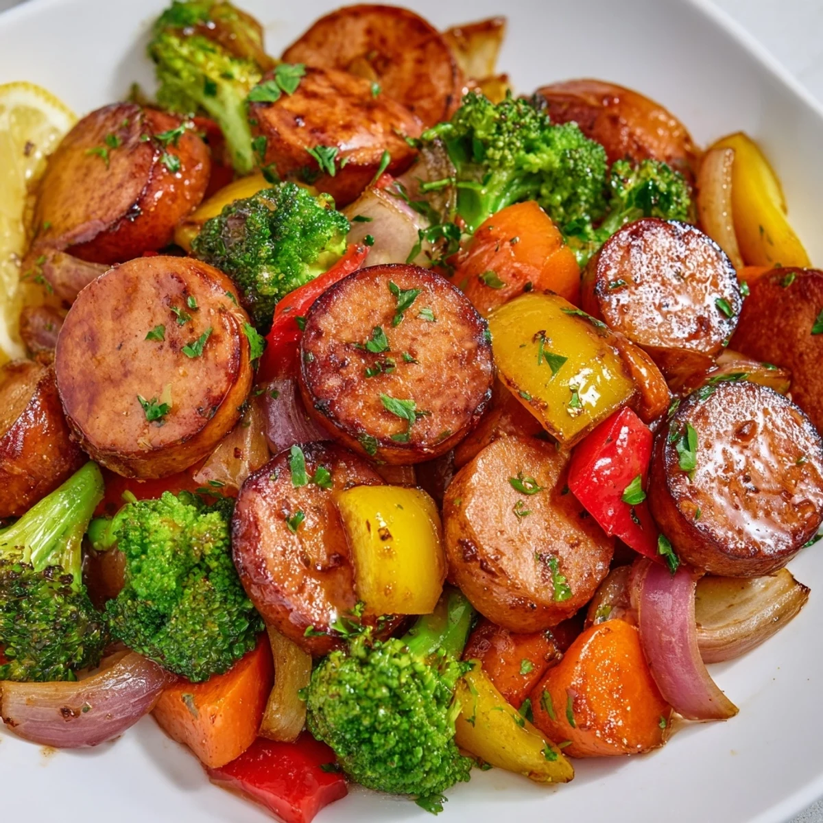 One Pan Honey Garlic Kielbasa Veggies roasted with colorful tender vegetables on a sheet pan