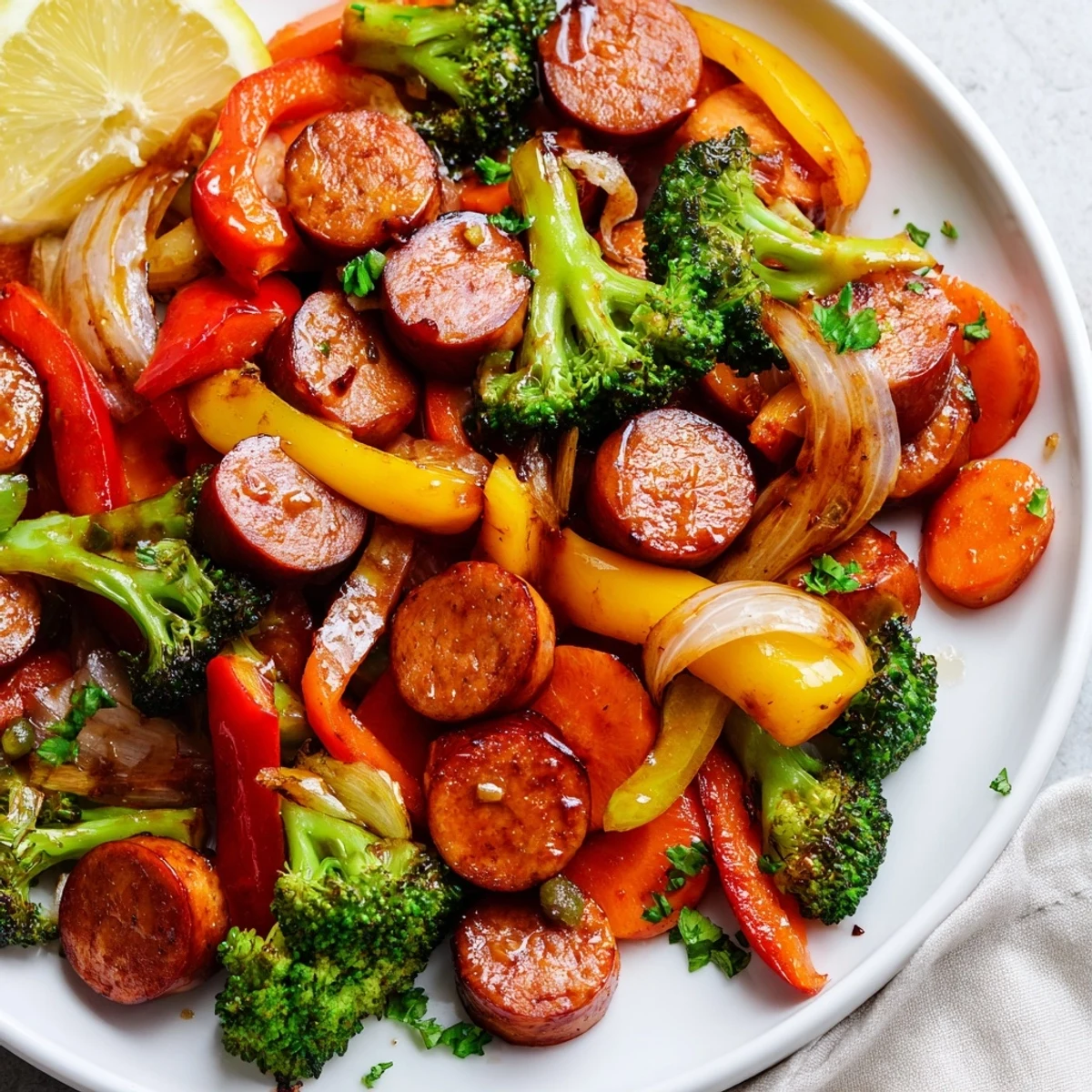Glossy honey garlic kielbasa with caramelized broccoli peppers and carrots fresh from the oven