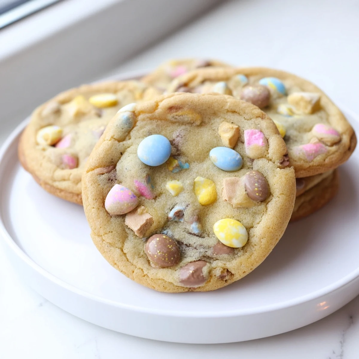 Chewy Cadbury Egg Cookies with colorful candy pieces nestled in soft, golden cookie dough