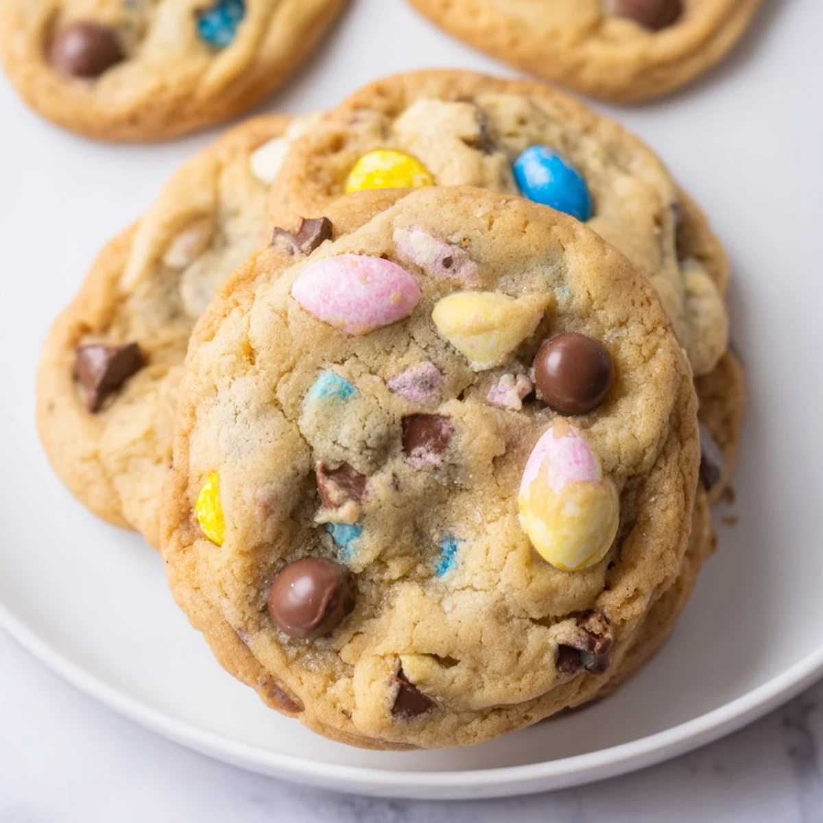 Soft baked Cadbury Egg Cookies studded with chocolate chips on a rustic baking sheet