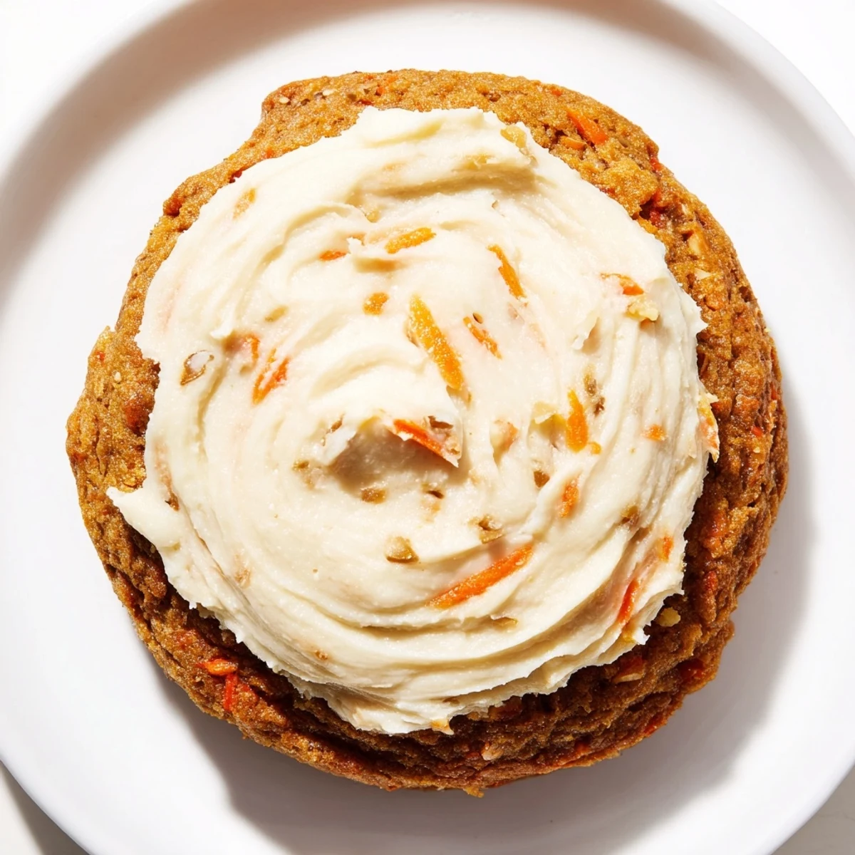 Golden spiced Crumbl carrot cake cookies piled high with fluffy white cream cheese frosting