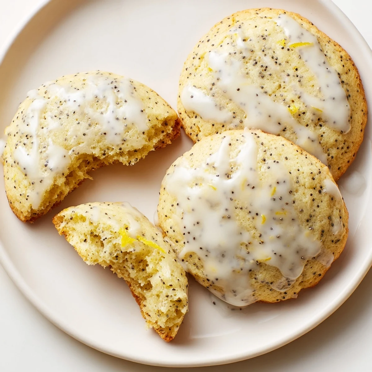 Lemon poppy seed cookies with golden edges arranged on a rustic white ceramic plate