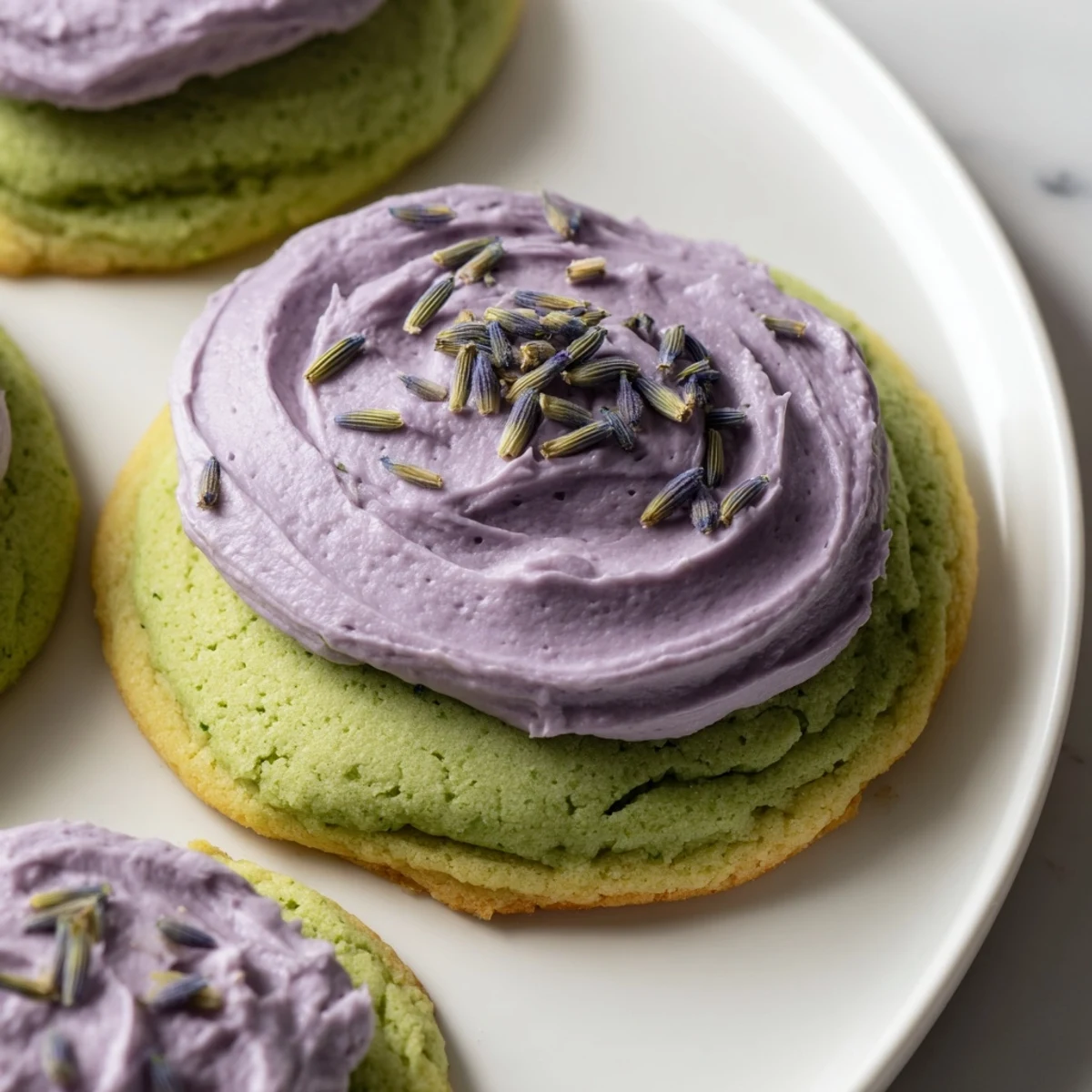 Soft green matcha sugar cookies crowned with swirls of fragrant lavender frosting on a rustic plate