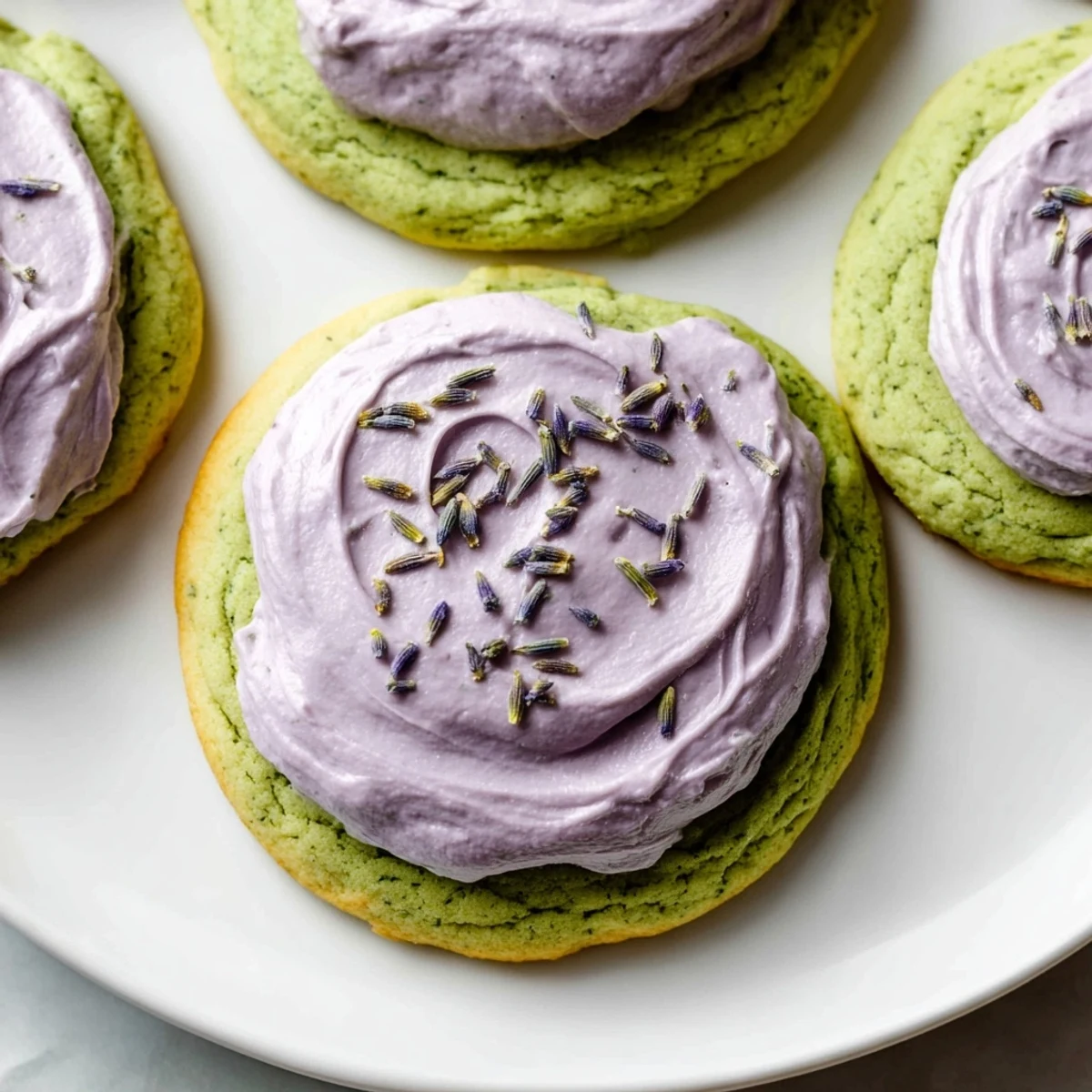Golden-edged matcha sugar cookies with lavender frosting arranged beside a steaming cup of tea