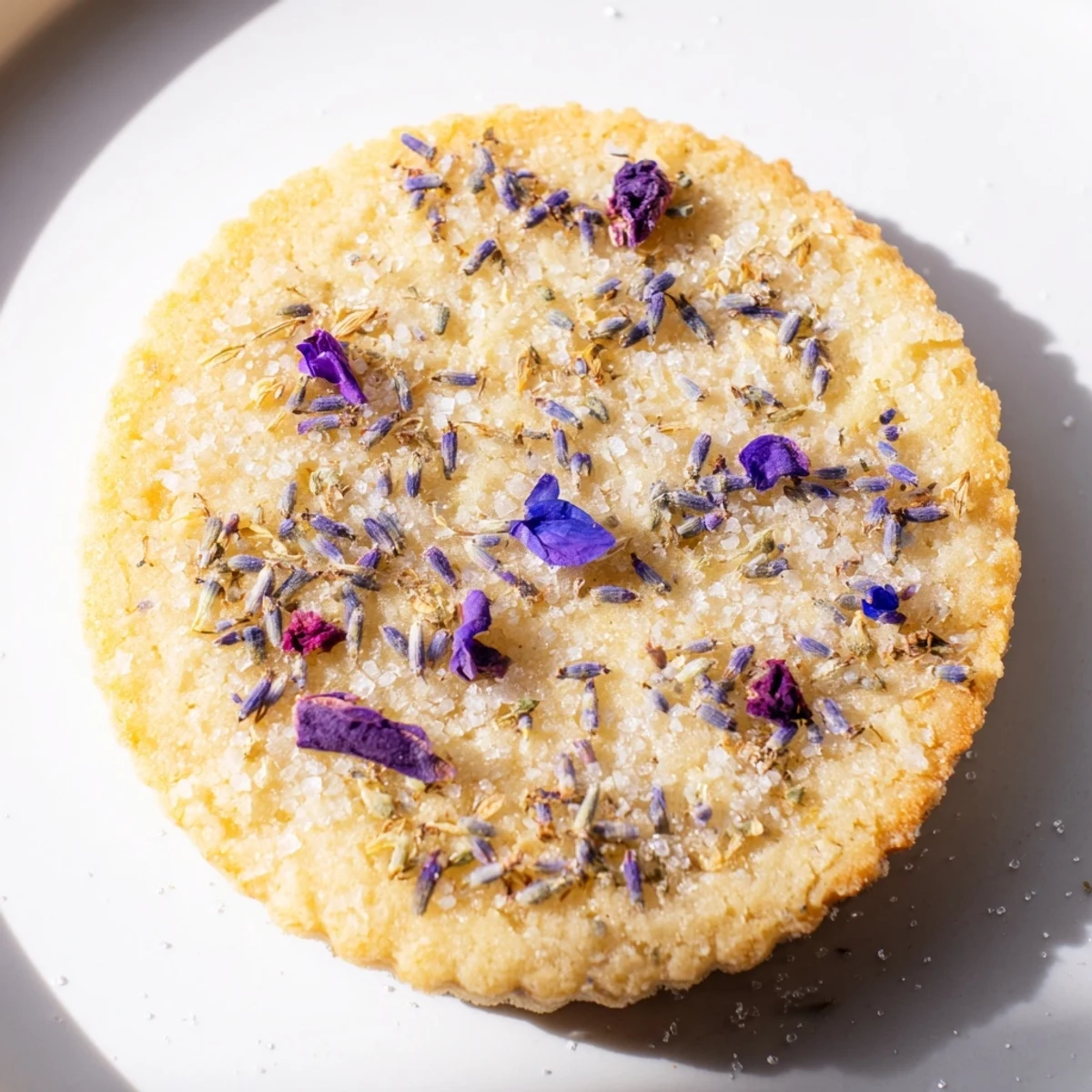 Soft buttery Spring Blossom Cookies dusted with crystallized lavender and sugar cooling on a wire rack