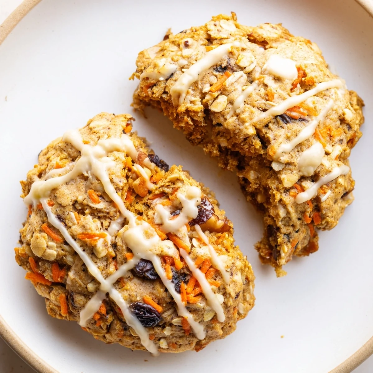 Chewy brown butter carrot cake cookies with visible shreds of fresh carrot and chopped walnuts scattered throughout