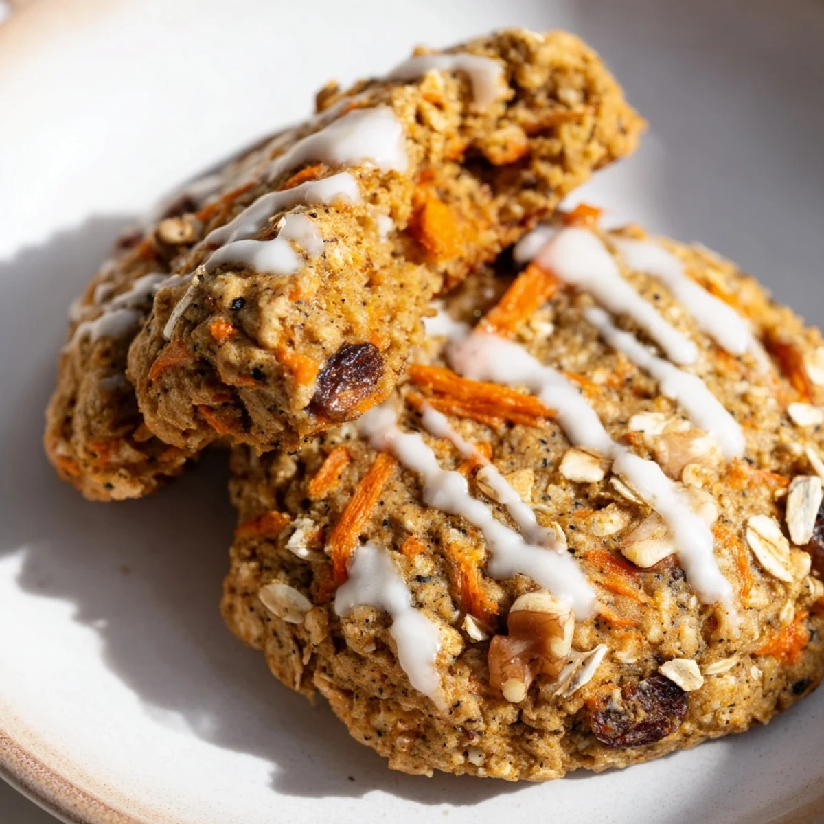 Golden brown butter carrot cake cookies cooling on a wire rack with cream cheese glaze drizzled on top
