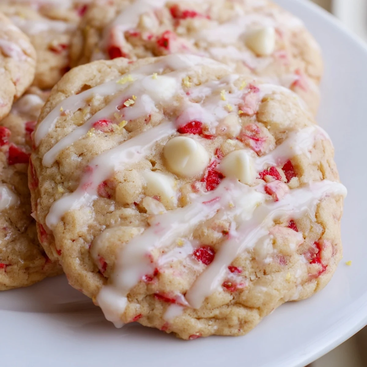 Chewy strawberry lemonade cookies with pink strawberry bits and golden edges on a white plate.