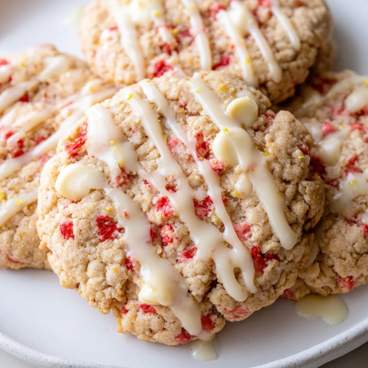 Fresh strawberry lemonade cookies drizzled with bright citrus glaze, arranged on a rustic wooden board.
