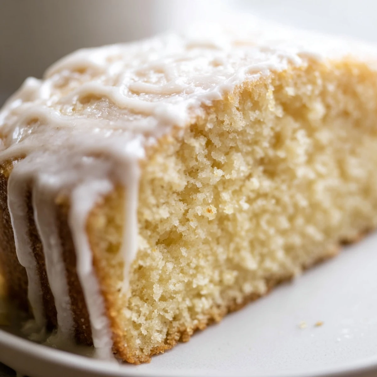 Golden church cake with vanilla glaze drizzled on top, sliced and ready to serve