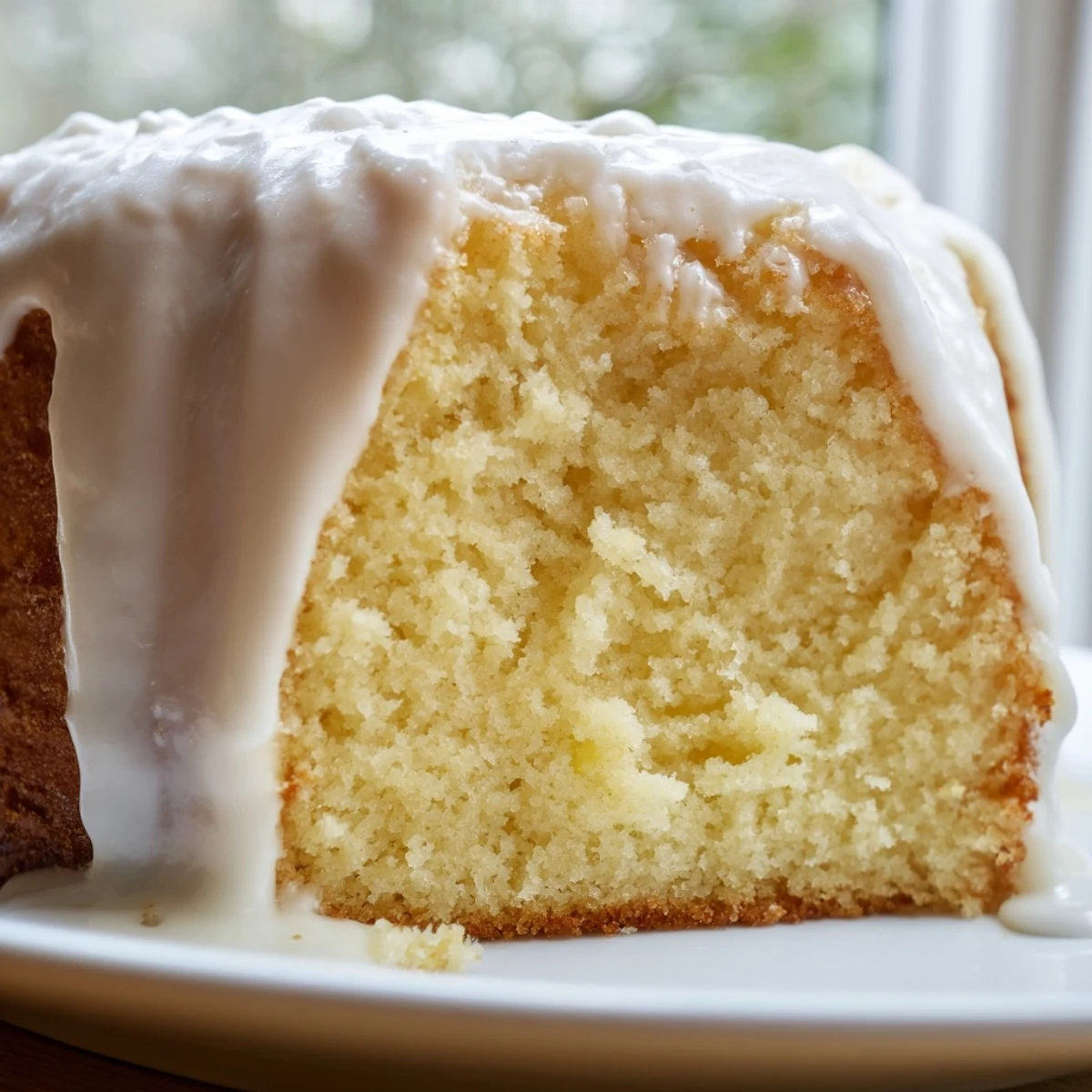 Moist tender church cake featuring sweet powdered sugar icing on a white serving plate