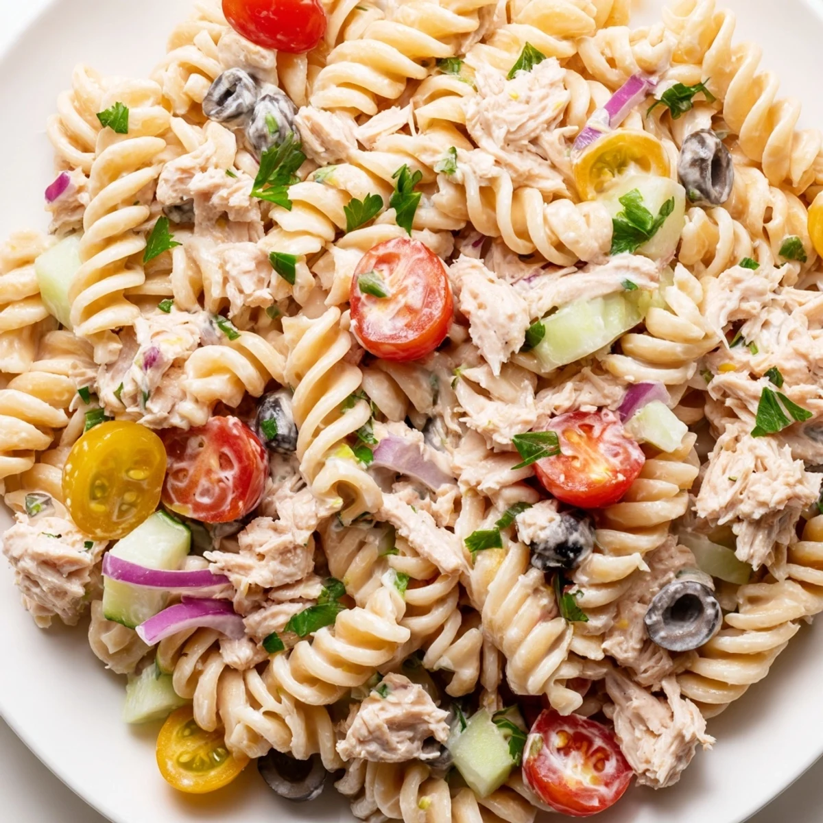 Creamy tuna pasta salad in a white bowl with cherry tomatoes and crisp vegetables