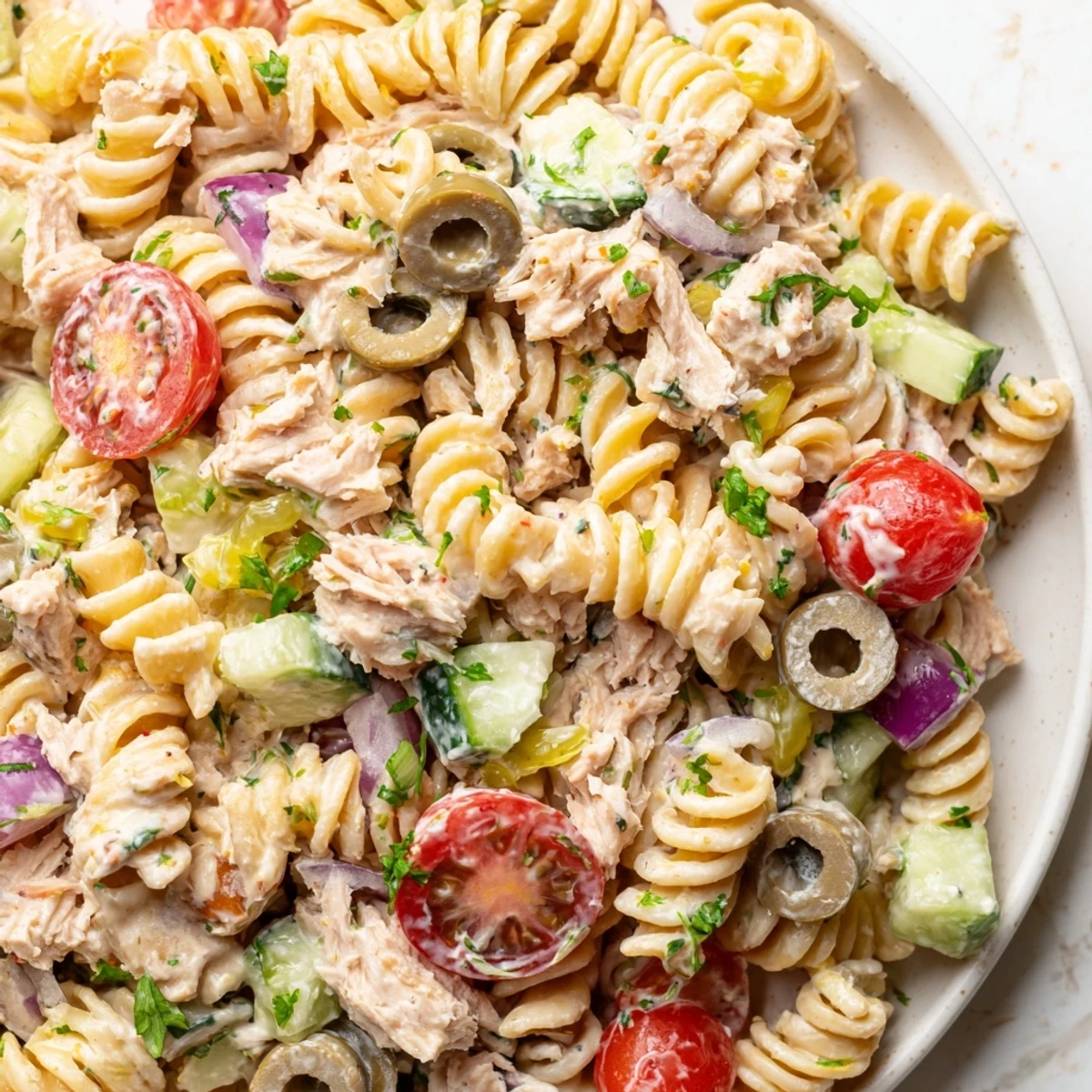 Chilled tuna pasta salad topped with black olives and fresh parsley garnish