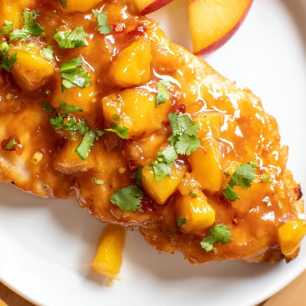 Golden seared Jalapeno Peach Chicken glazed with sweet-spicy sauce and garnished with fresh herbs