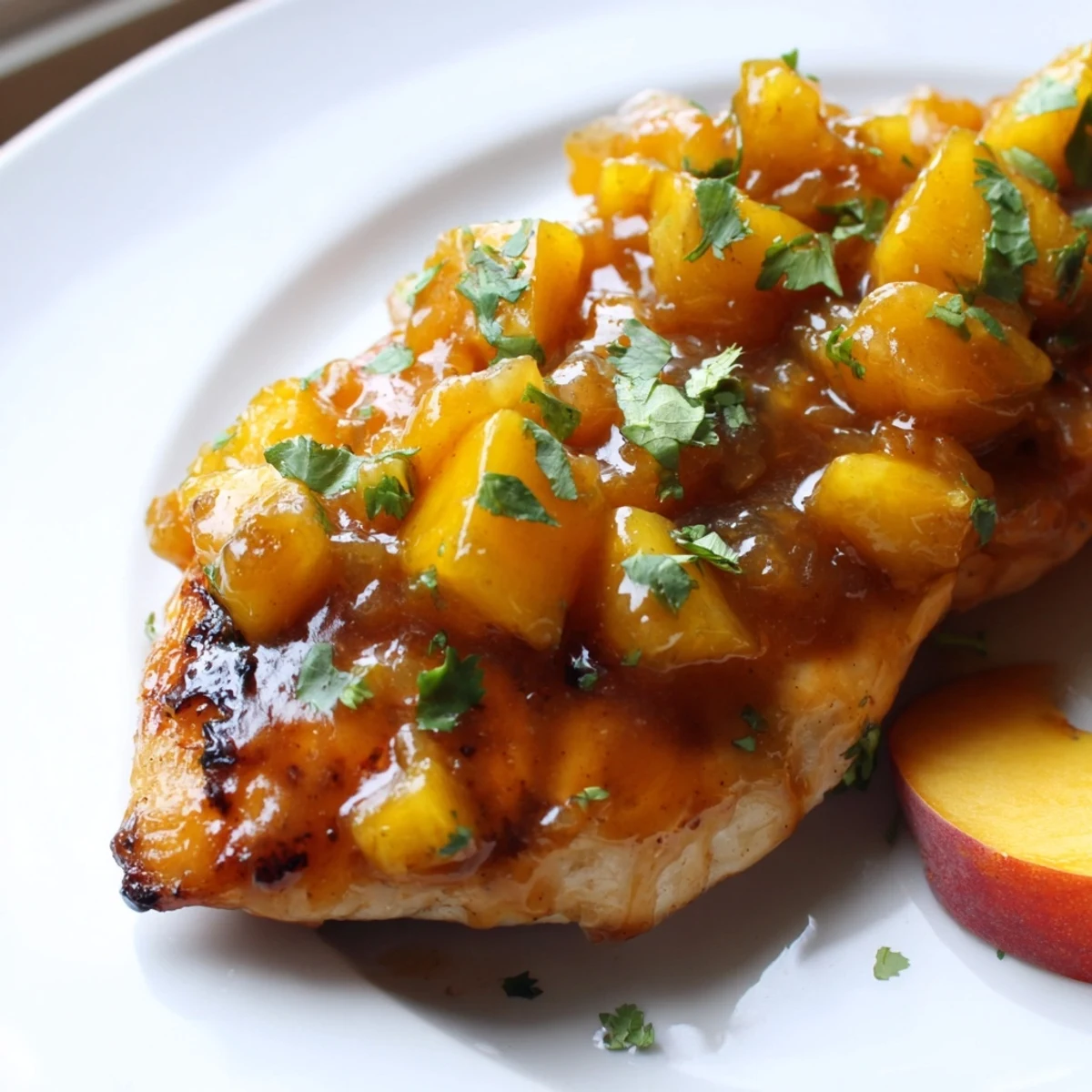 Juicy Jalapeno Peach Chicken topped with caramelized fruit slices and drizzled with sticky glaze