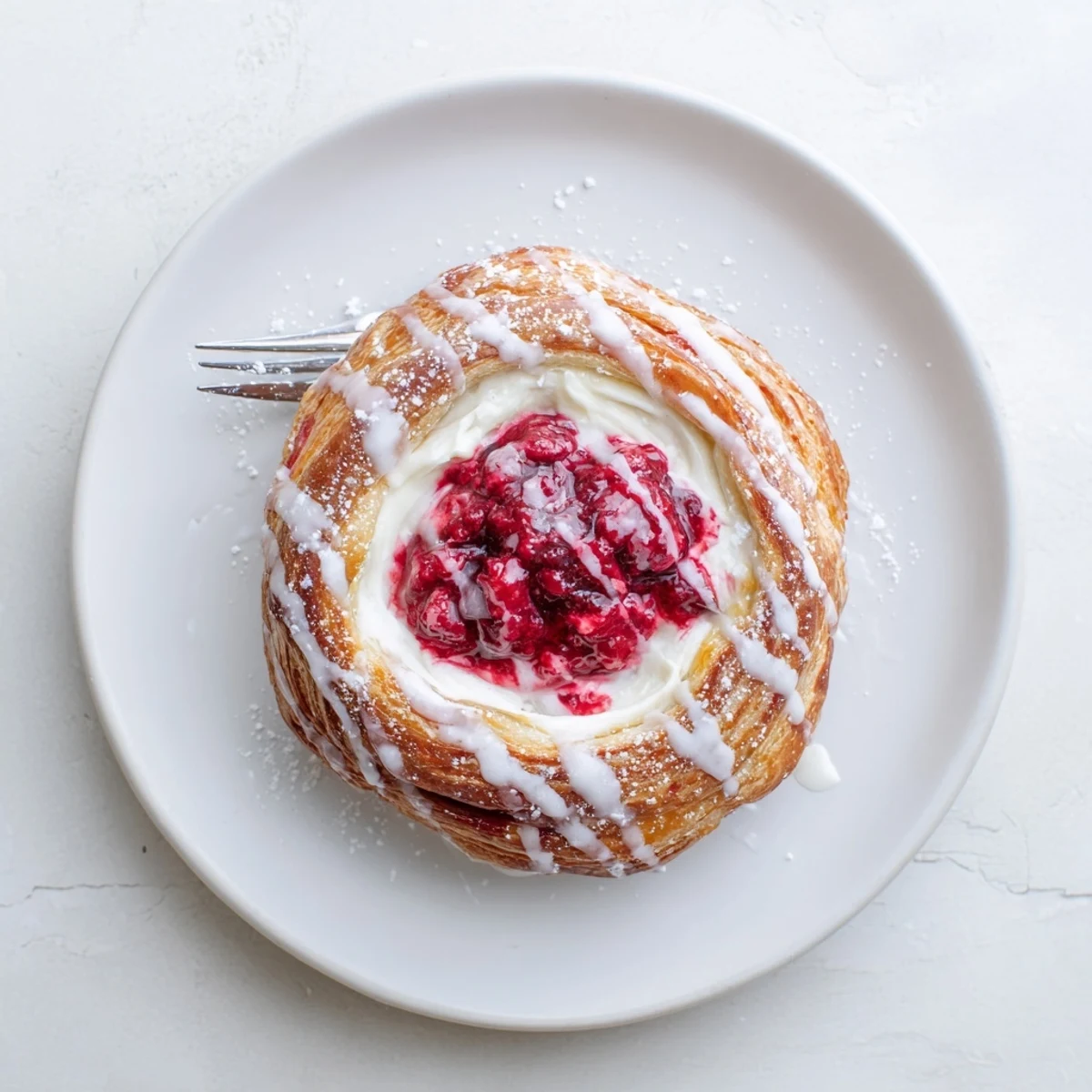 Golden Sourdough Discard Raspberry Cream Cheese Danishes drizzled with sweet vanilla glaze on rustic parchment paper