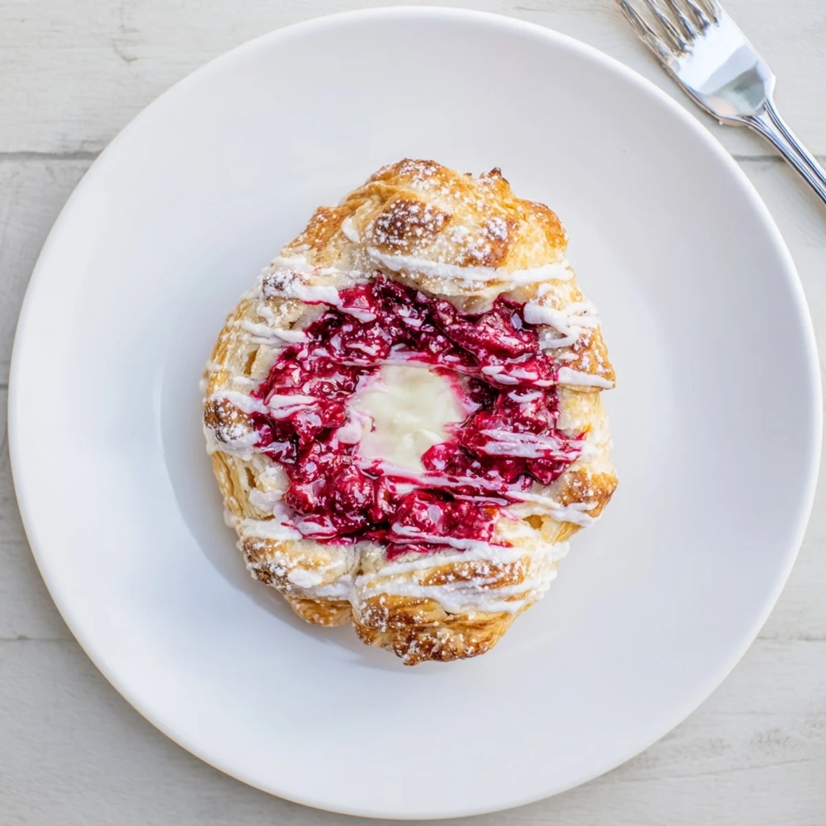 Flaky pastries filled with tangy cream cheese and bright red raspberries, topped with powdered sugar glaze