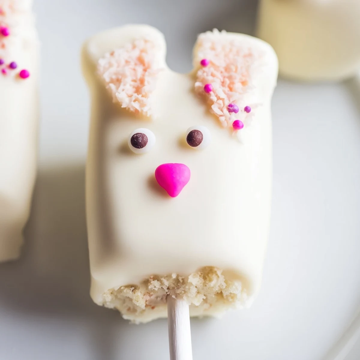 Adorable white chocolate bunny cakesicles with candy eyes on a festive Easter dessert tray