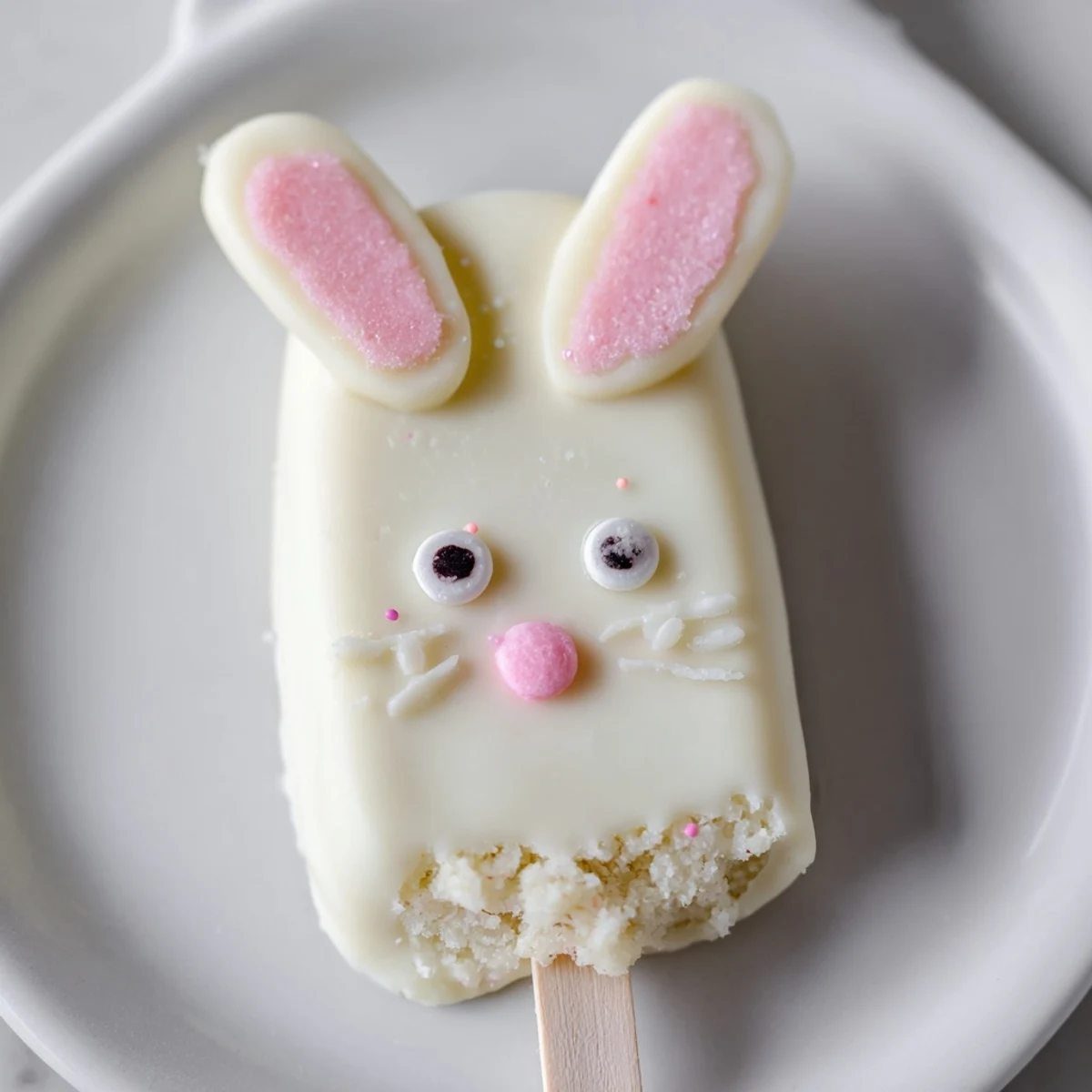 Creamy white chocolate bunny cakesicles decorated with pink ears and playful sprinkles