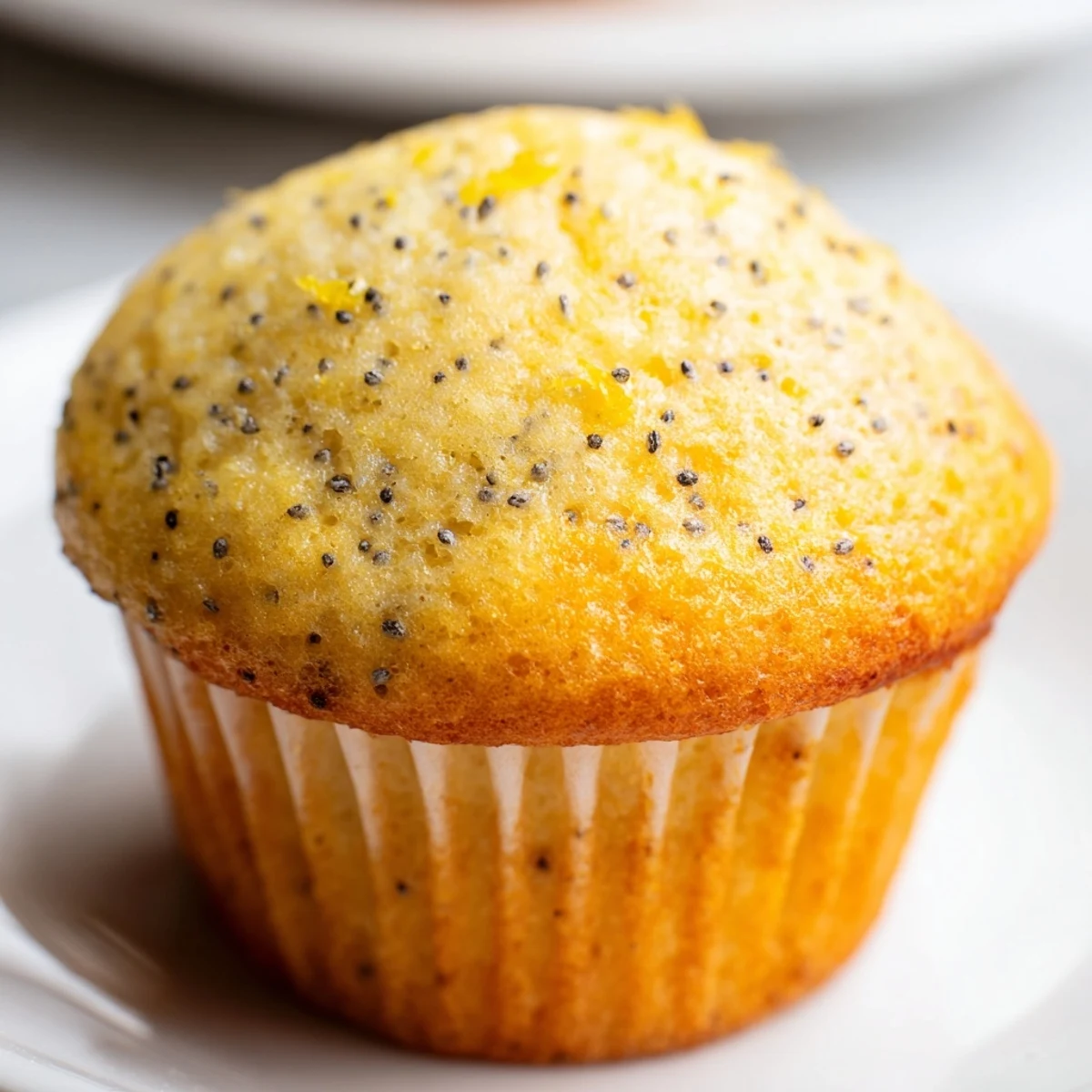 Moist lemon poppy seed muffins studded with tiny black seeds topped with tangy lemon glaze