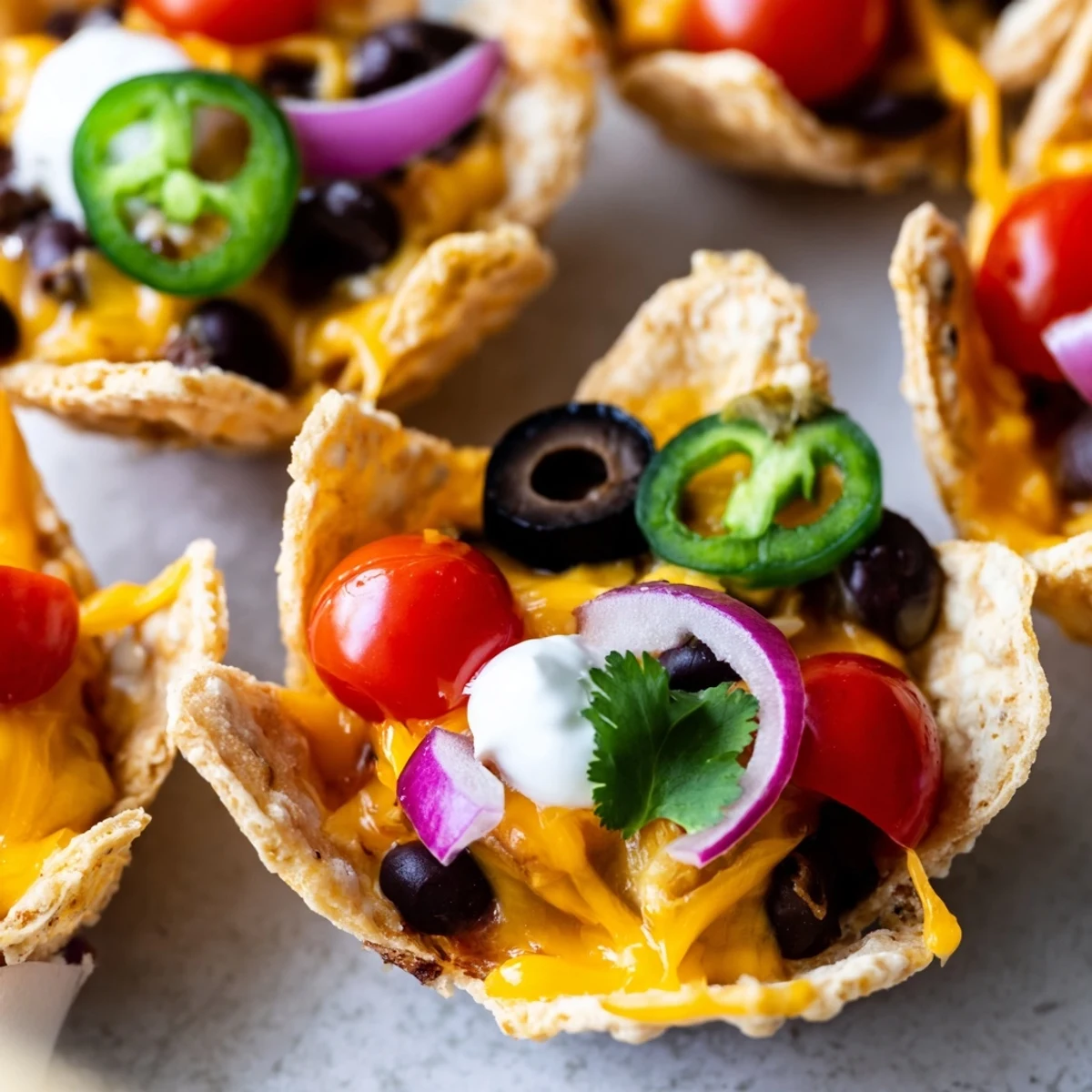 Golden cheesy nacho cups with melted cheese and colorful toppings in muffin tin