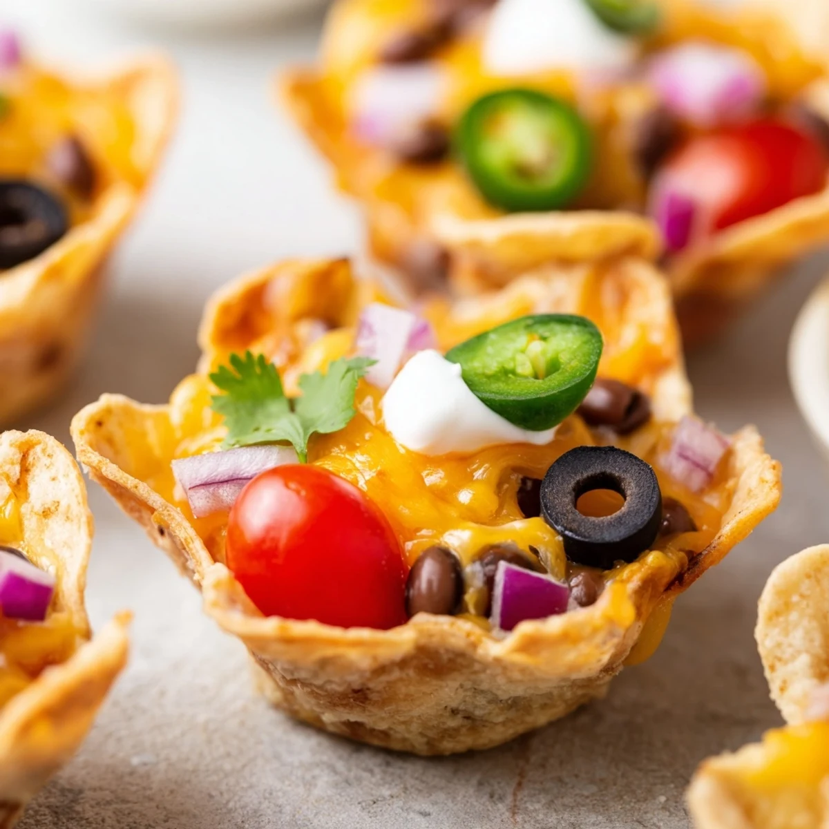 Crispy tortilla cups overflowing with gooey melted cheese and zesty nacho toppings