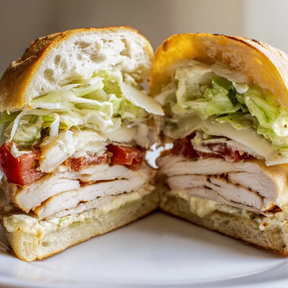 Golden toasted ciabatta roll filled with juicy grilled chicken Caesar sandwich and crisp romaine lettuce