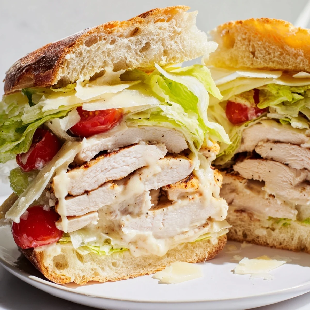 Creamy homemade Caesar dressing coats tender sliced chicken in this satisfying chicken Caesar sandwich