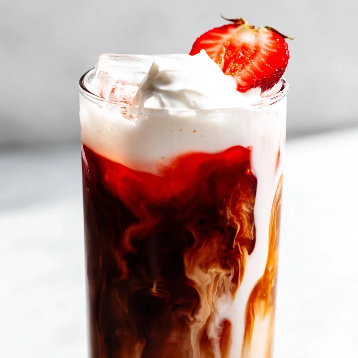 Creamy strawberry cold latte in a tall glass with marbled coffee layers