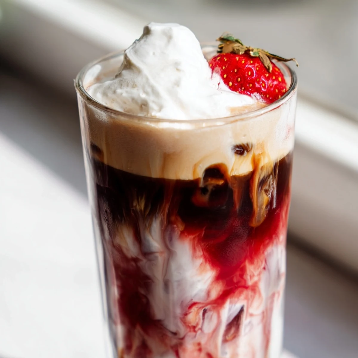 Iced strawberry cream latte topped with fluffy whipped cream and fresh berries