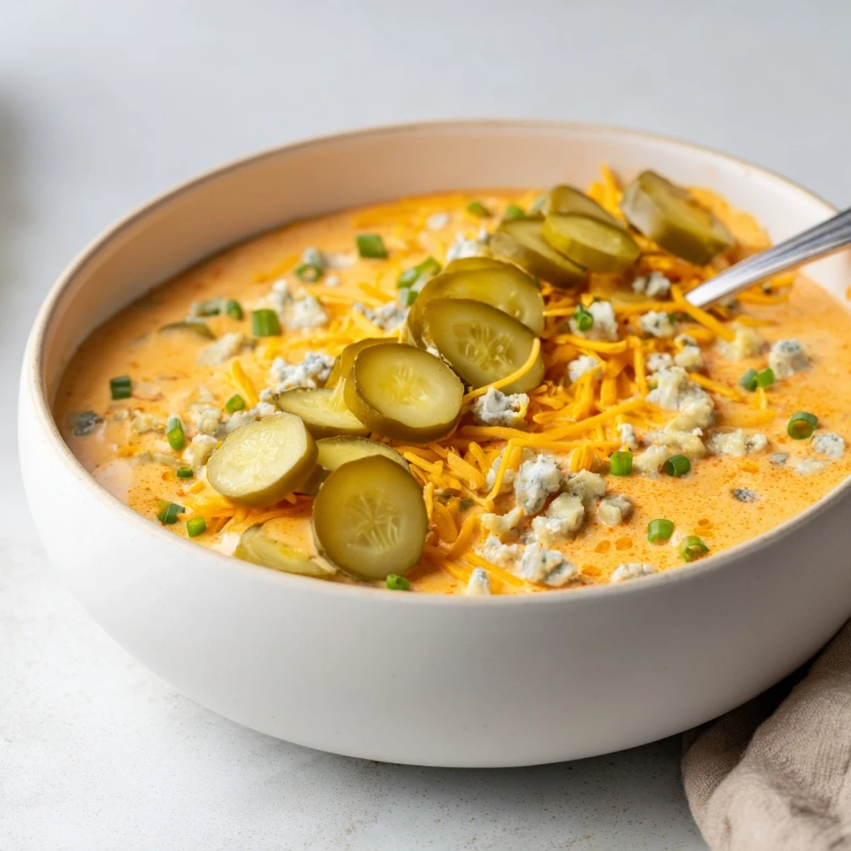 Creamy buffalo pickle dip served in a bowl with crispy chips and fresh chives on top