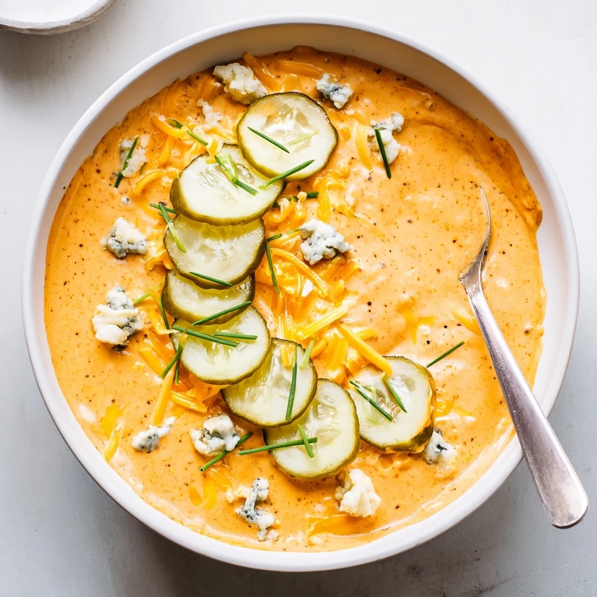 Tangy buffalo pickle dip topped with shredded cheddar and sliced pickles for game day