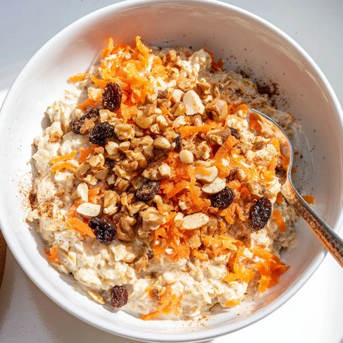 Creamy carrot cake overnight oats in a mason jar topped with crunchy walnuts and a cinnamon sprinkle
