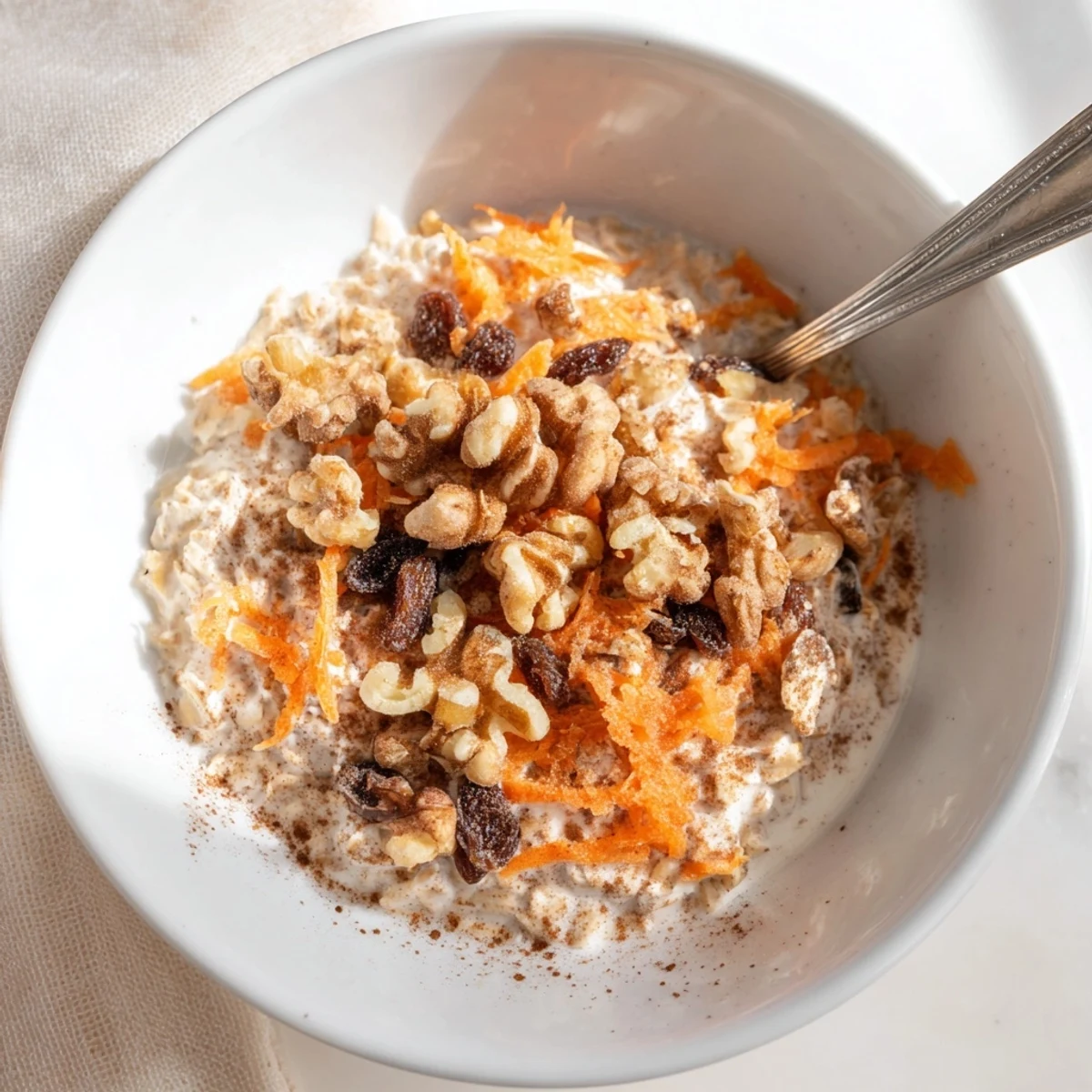Carrot cake overnight oats with visible grated carrots, raisins, and a generous dollop of Greek yogurt