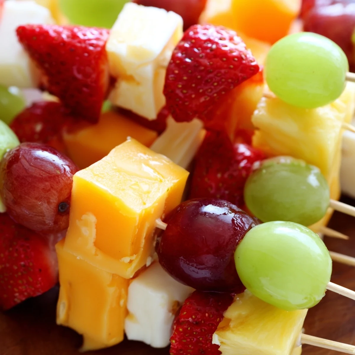 Colorful fruit and cheese kabobs arranged on a platter with fresh mint garnish