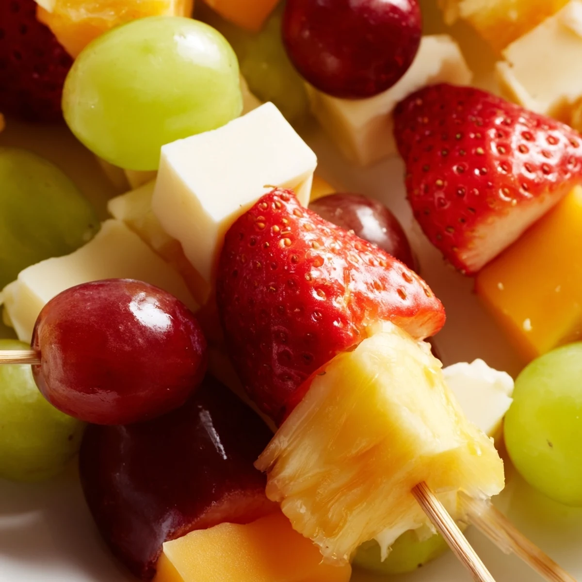 Juicy strawberries and creamy cheese cubes threaded on wooden skewers for party appetizer