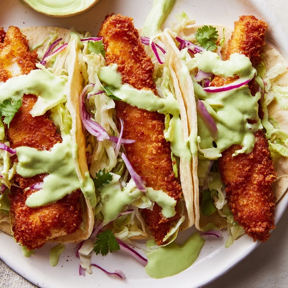 Golden crispy fish tacos with avocado crema drizzled over fresh cabbage slaw in warm tortillas