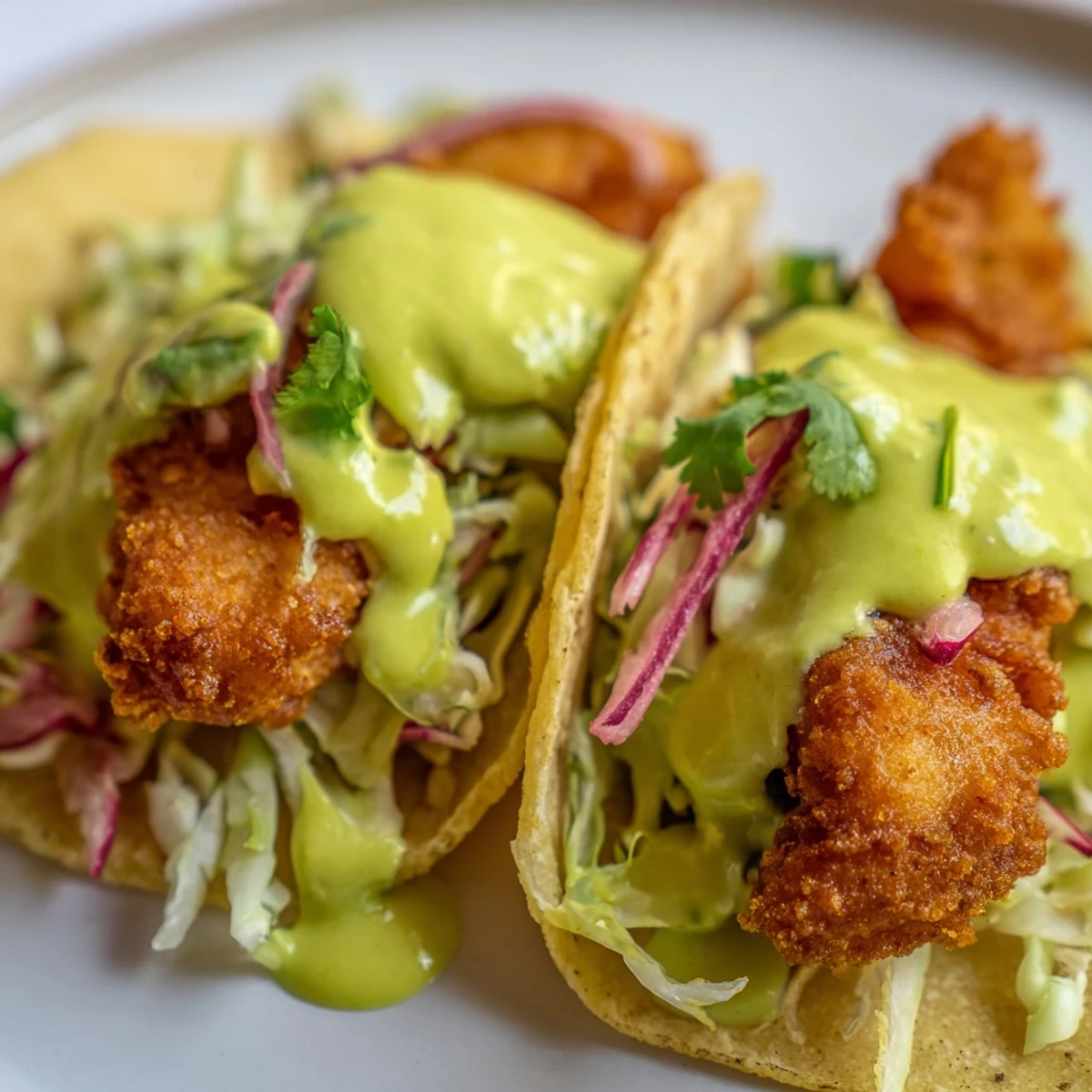 Baja fish tacos topped with creamy green avocado sauce and crunchy tangy cabbage slaw