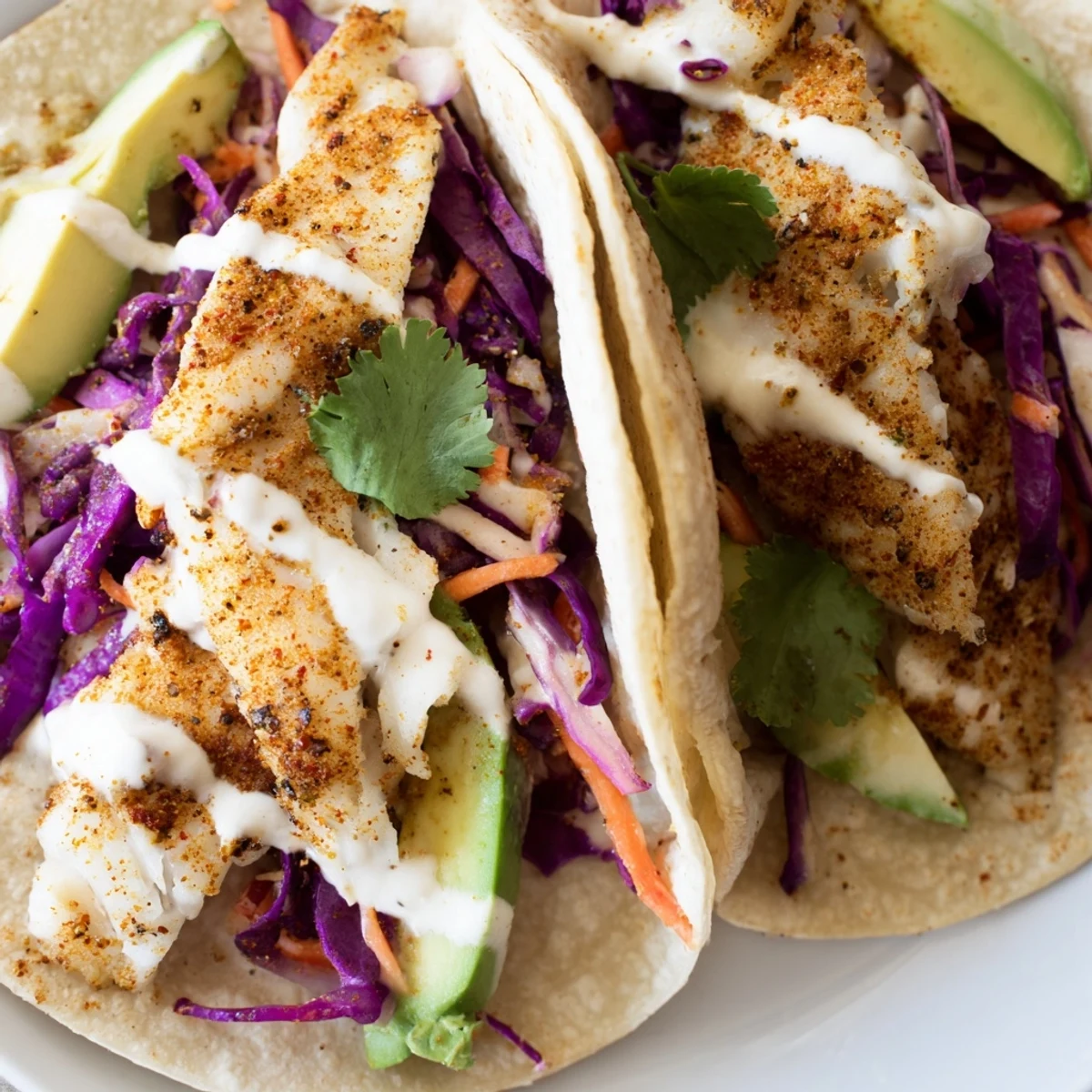Crispy spiced tilapia fish tacos topped with vibrant cabbage slaw and creamy zesty lime crema
