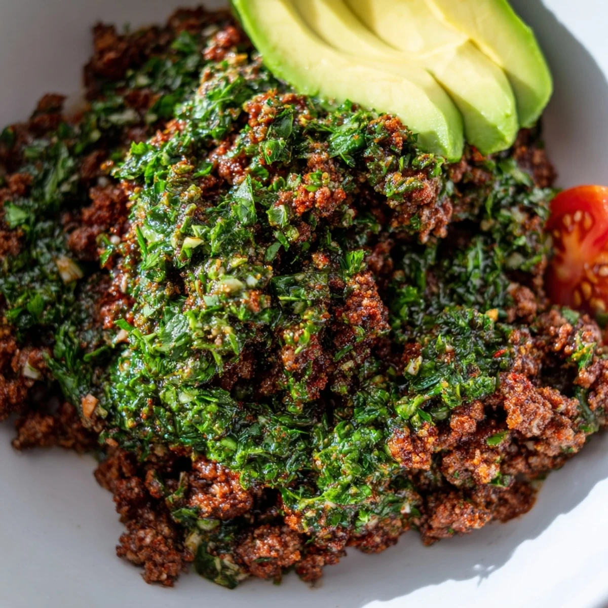 Chimichurri ground beef bowls with vibrant green sauce drizzled over fluffy rice and fresh vegetables