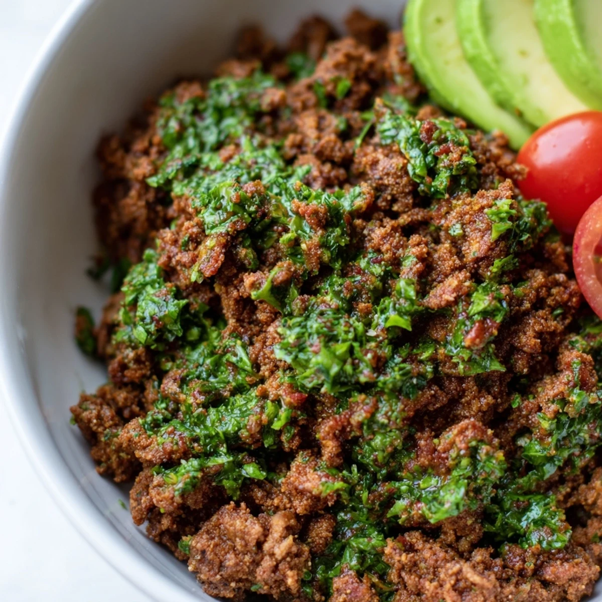 Seasoned chimichurri ground beef bowls topped with creamy avocado slices and bright, zesty herb sauce