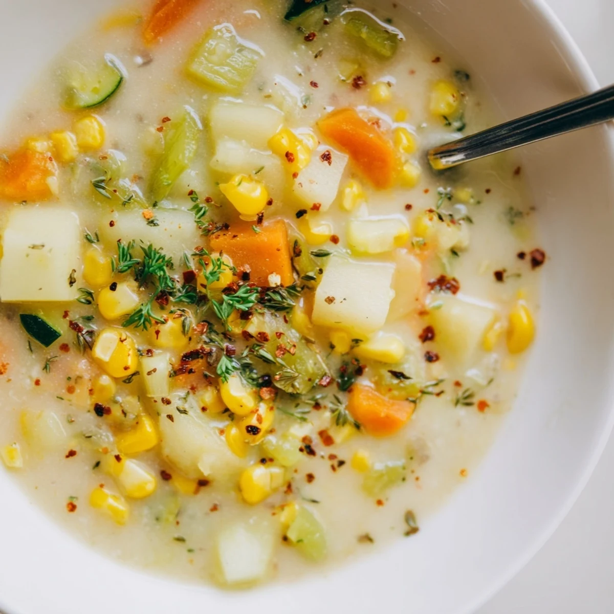 Creamy potato corn zucchini soup served steaming in a white ceramic bowl with fresh parsley garnish