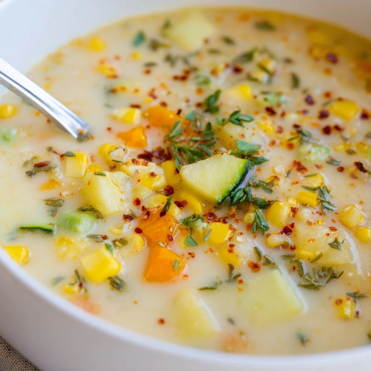 Hearty potato corn zucchini soup brimming with tender vegetables in a rich golden broth