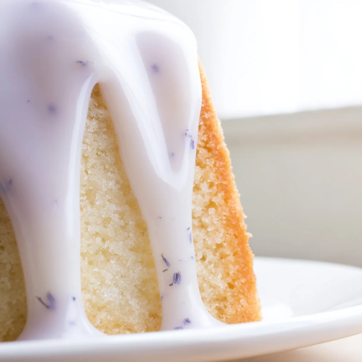 Smooth lavender glaze cascading down a golden pound cake with delicate purple streaks