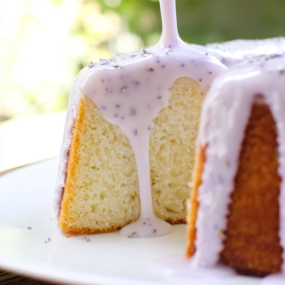 Creamy lavender glaze pooling on a white ceramic spoon ready for drizzling