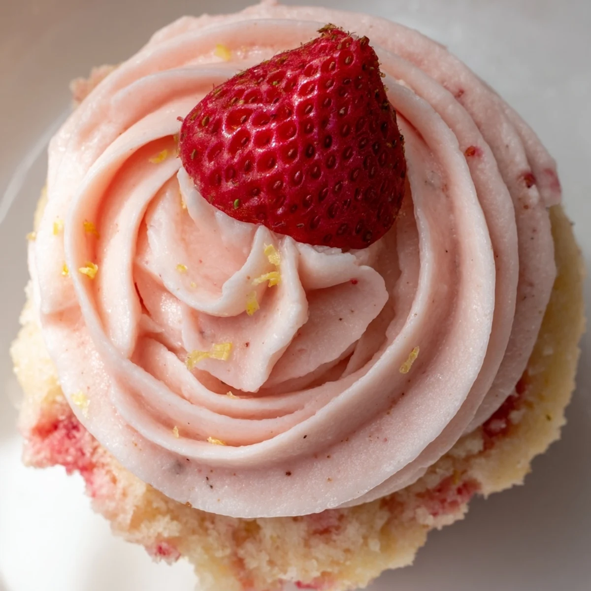 Fresh strawberry lemonade cupcakes topped with swirls of pink buttercream frosting on a rustic wooden surface