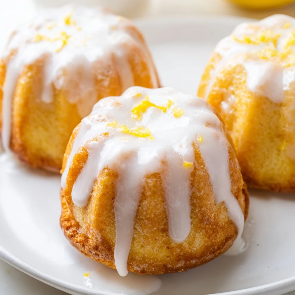 Golden mini lemon cakes drizzled with tangy glaze on a rustic white plate