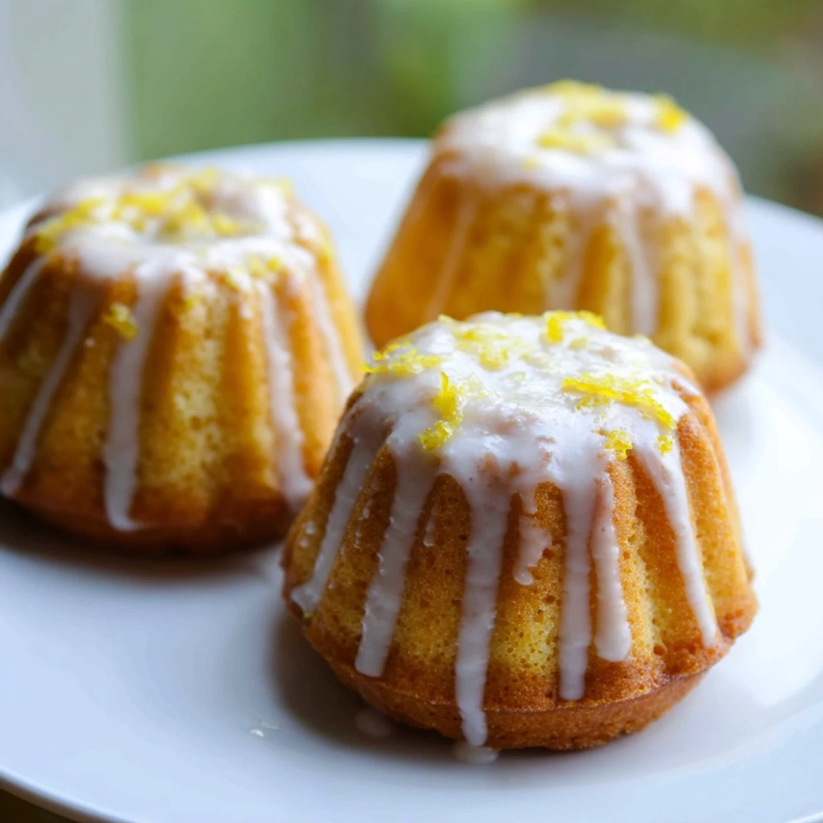 Charming mini lemon cakes arranged on a wire rack with powdered sugar drizzle